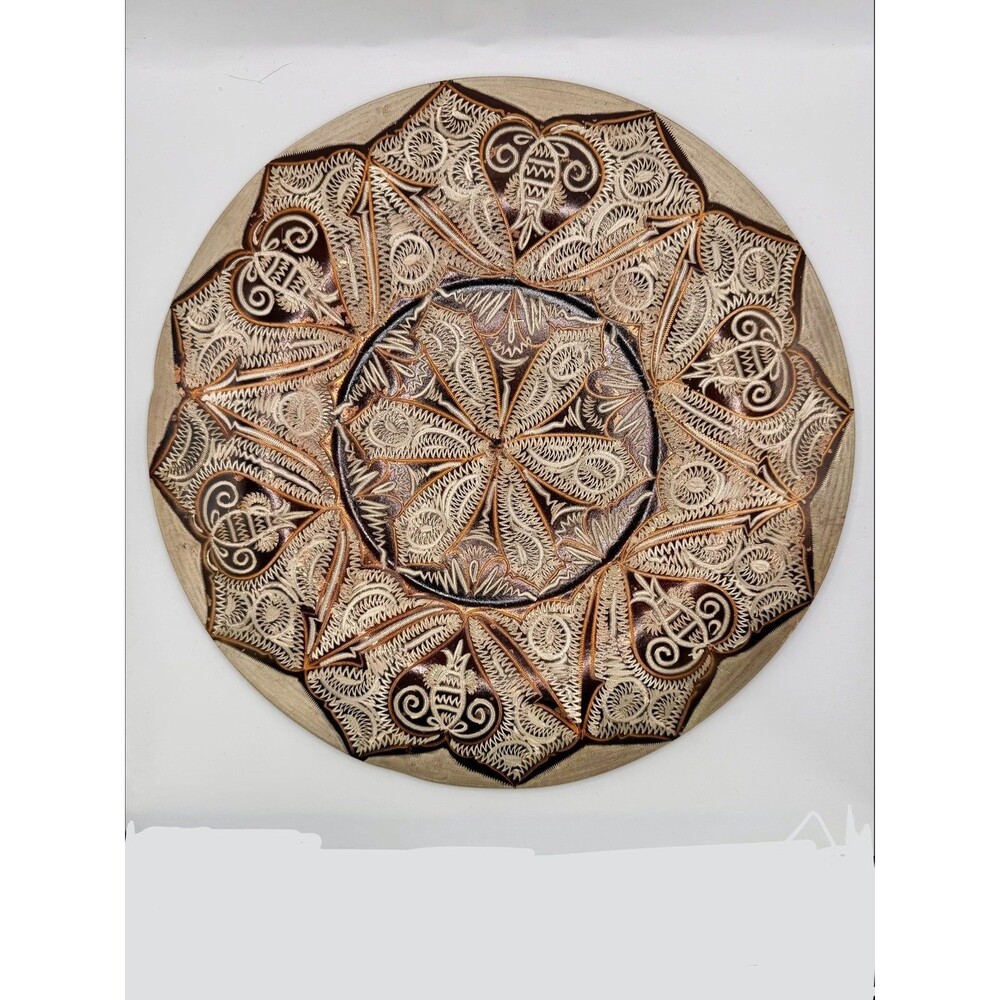Vintage Turkish Hand Painted Etched Copper Engraved Plate Wall Hanging 9.75”